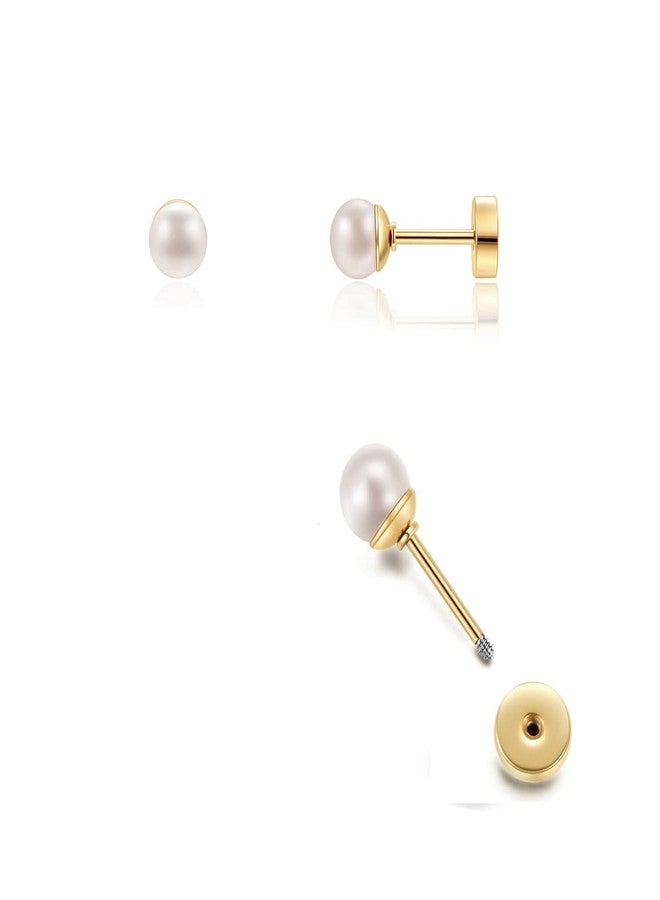 Renkovte Tiny Pearl Screw Back Stud Earrings for Women,Safety Flatback Pearl Cartilage Helix Earrings 316L Surgical Stainess Steel Jewelry Gift For Toddlers Hypoallergenic(4mm Pearl, Gold) - Image 1